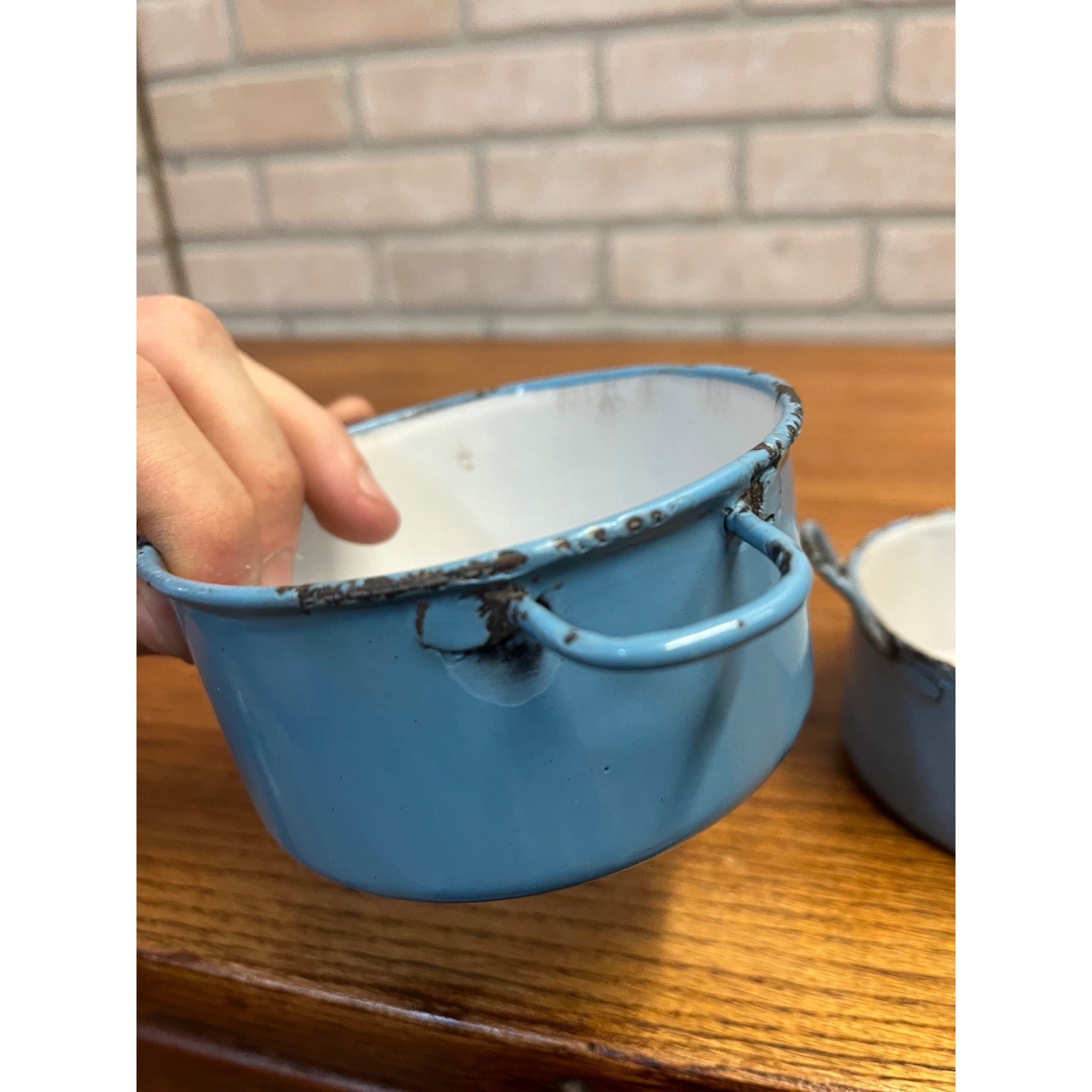 Antique Primitive Light Blue Enamel Graniteware Handled Small Pots / Set of Two / Farmhouse Decor / Children's Size