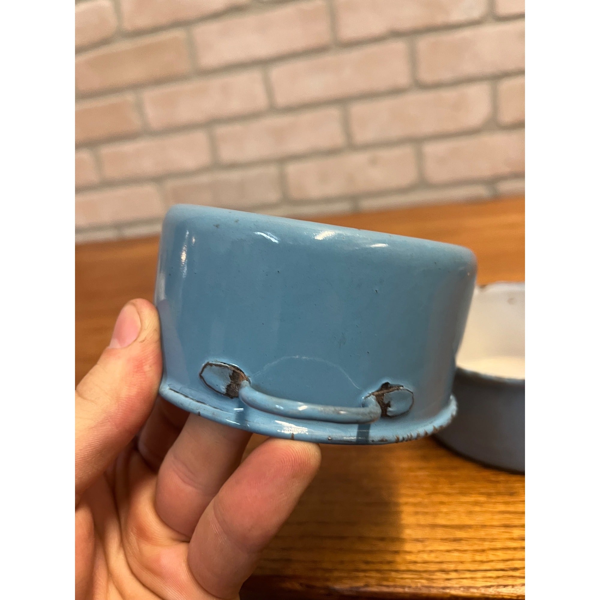 Antique Primitive Light Blue Enamel Graniteware Handled Small Pots / Set of Two / Farmhouse Decor / Children's Size
