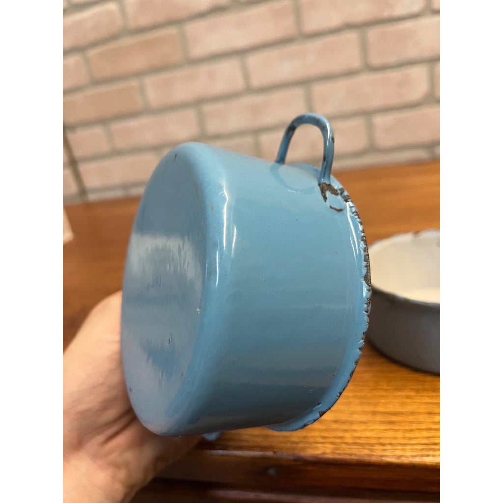 Antique Primitive Light Blue Enamel Graniteware Handled Small Pots / Set of Two / Farmhouse Decor / Children's Size