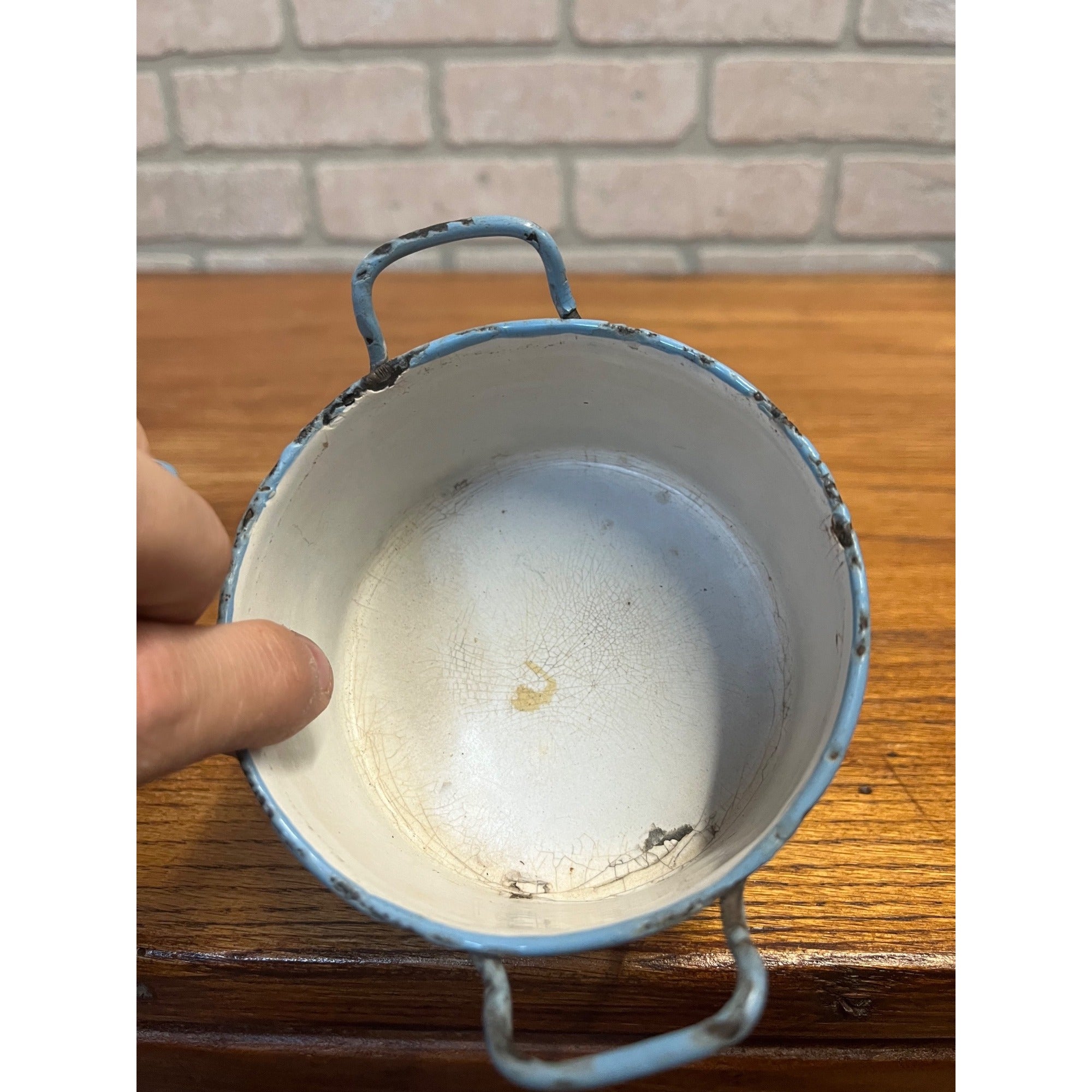 Antique Primitive Light Blue Enamel Graniteware Handled Small Pots / Set of Two / Farmhouse Decor / Children's Size