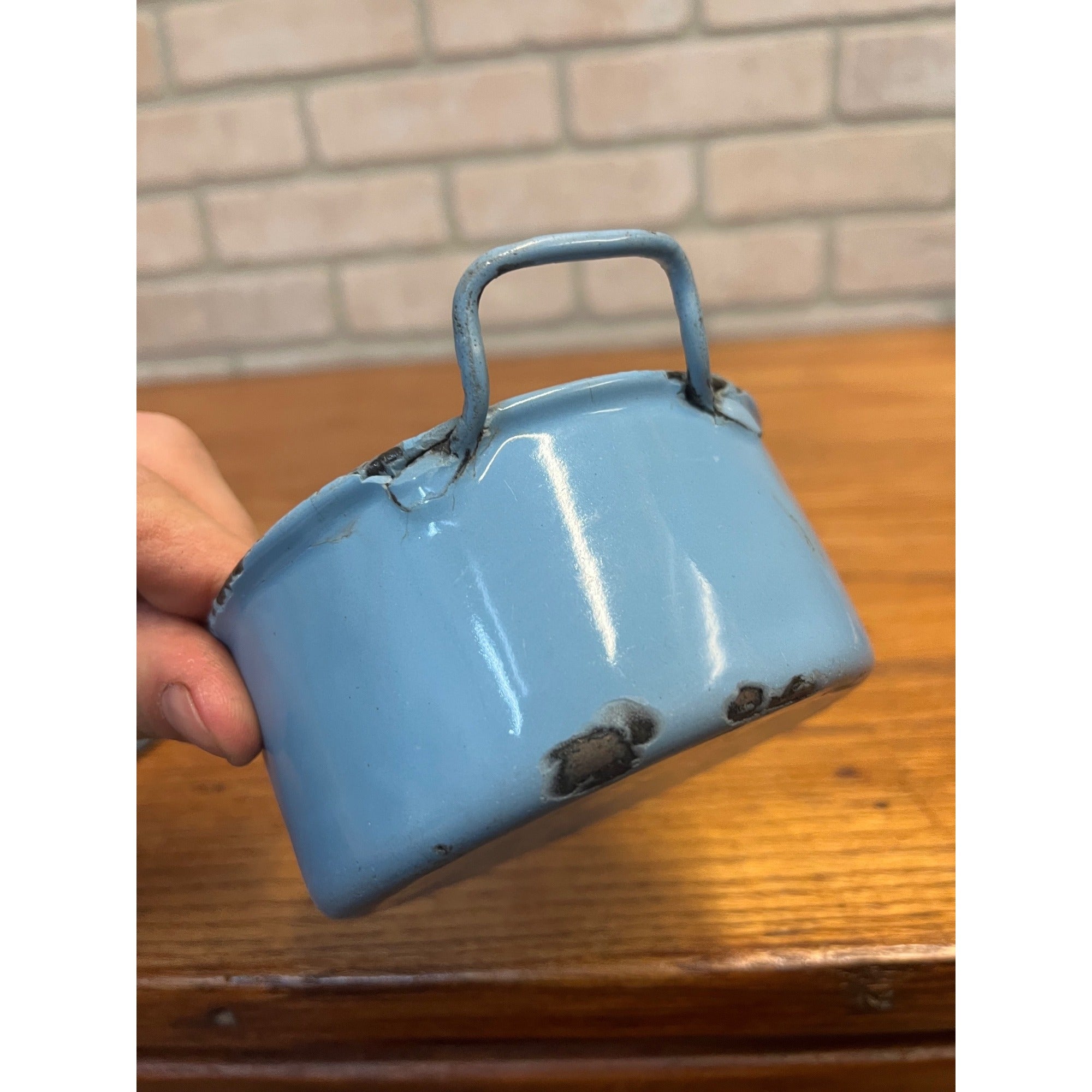 Antique Primitive Light Blue Enamel Graniteware Handled Small Pots / Set of Two / Farmhouse Decor / Children's Size