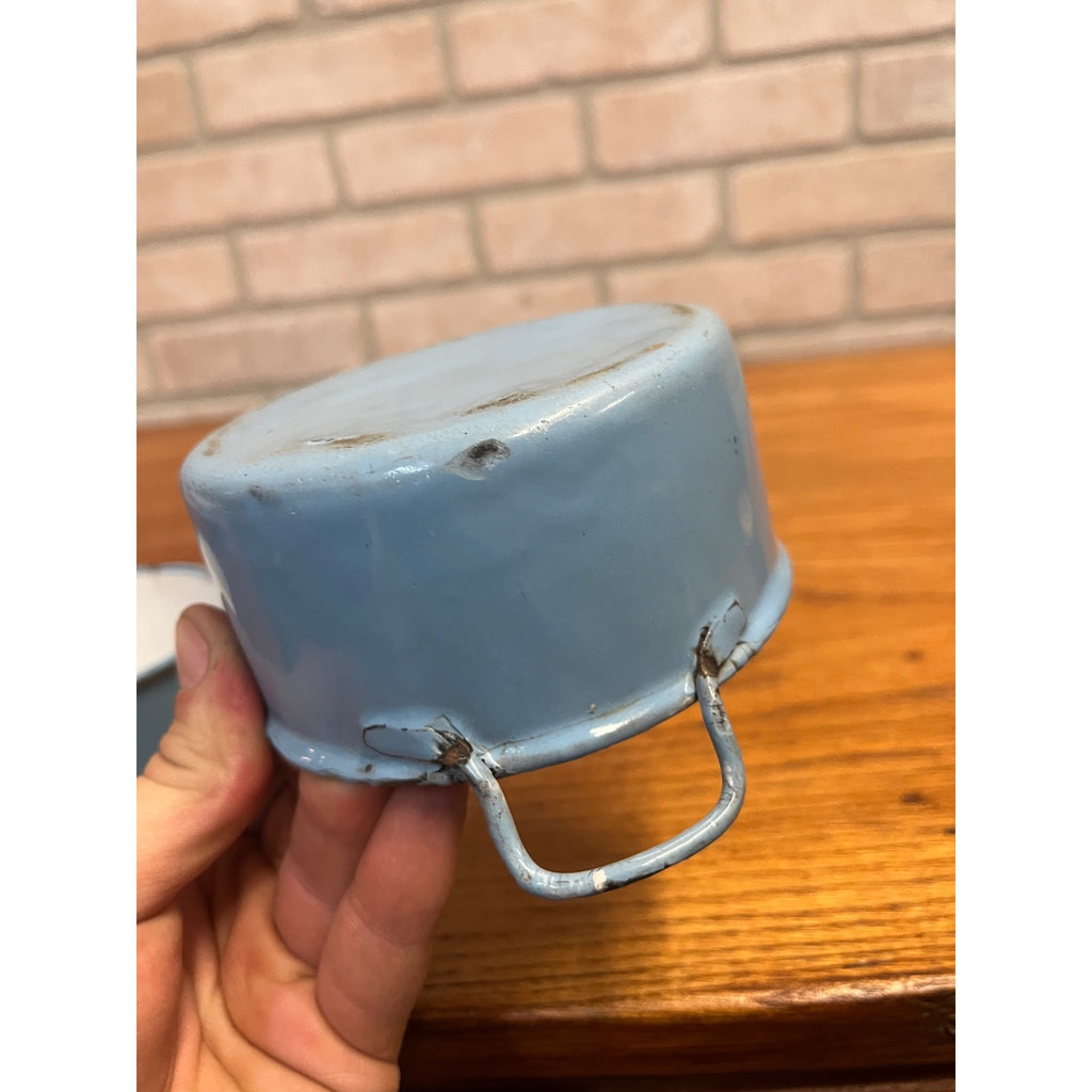 Antique Primitive Light Blue Enamel Graniteware Handled Small Pots / Set of Two / Farmhouse Decor / Children's Size