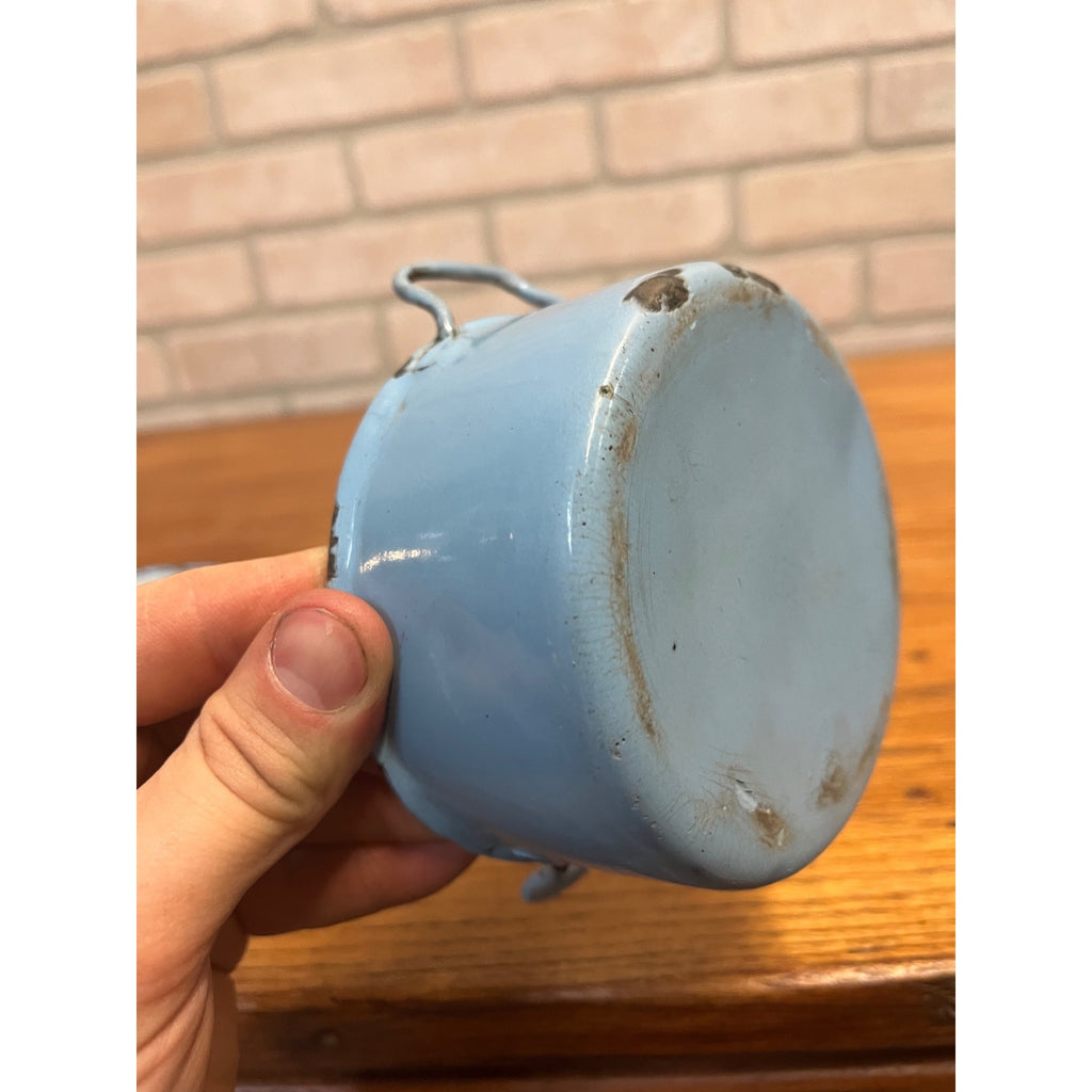 Antique Primitive Light Blue Enamel Graniteware Handled Small Pots / Set of Two / Farmhouse Decor / Children's Size