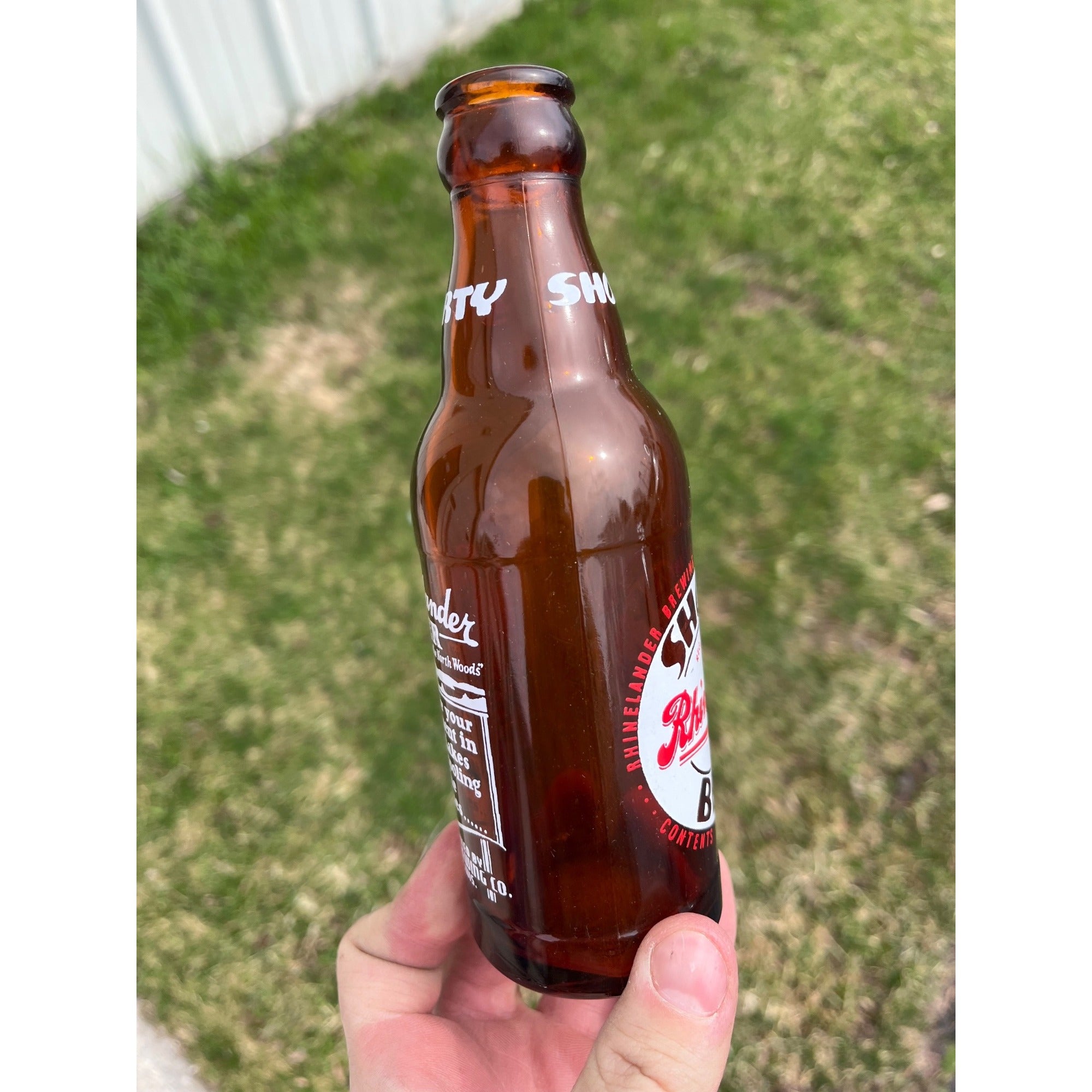 Vintage Rhinelander Shorty Beer ACL Painted Amber Beer Bottle Wisconsin WI Wis