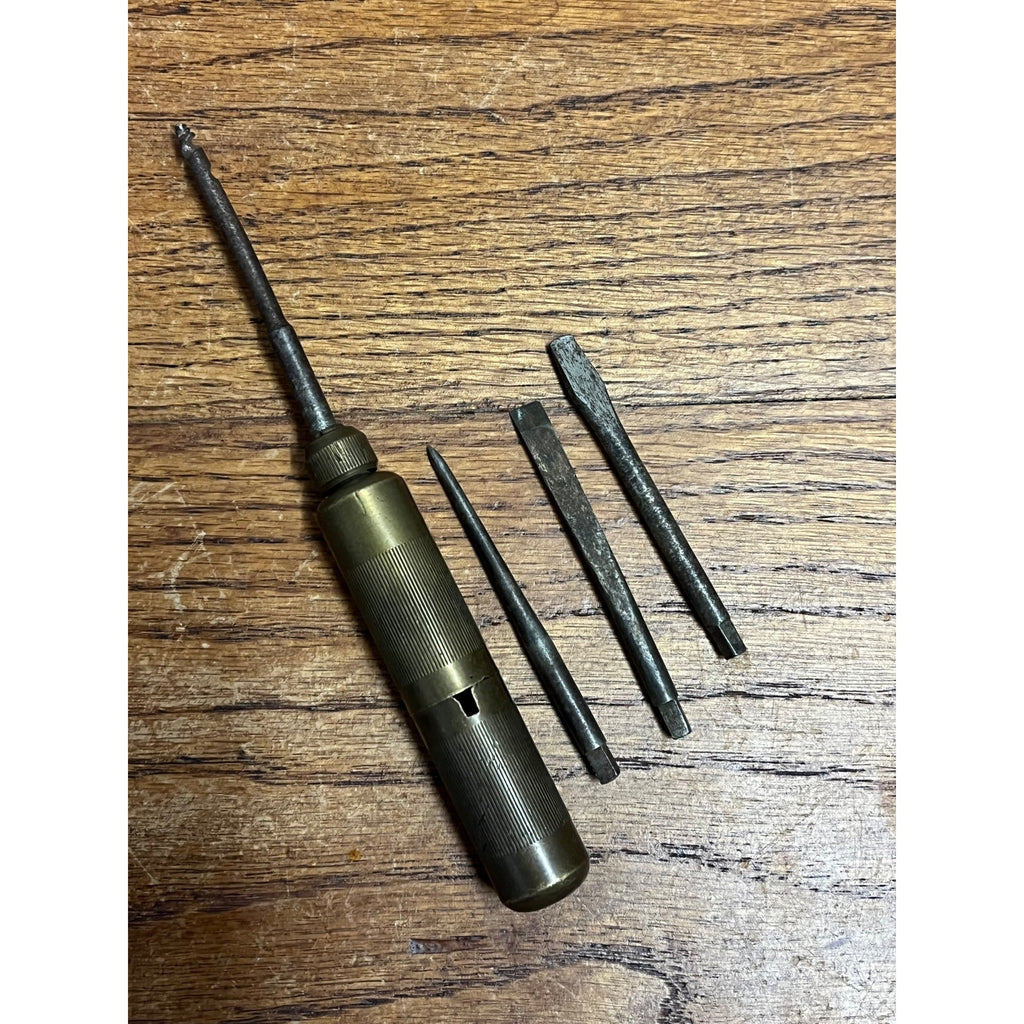 Vintage German D.R.G.M. Brass Screwdriver w/ Hidden Handle Bits Multi-Tool