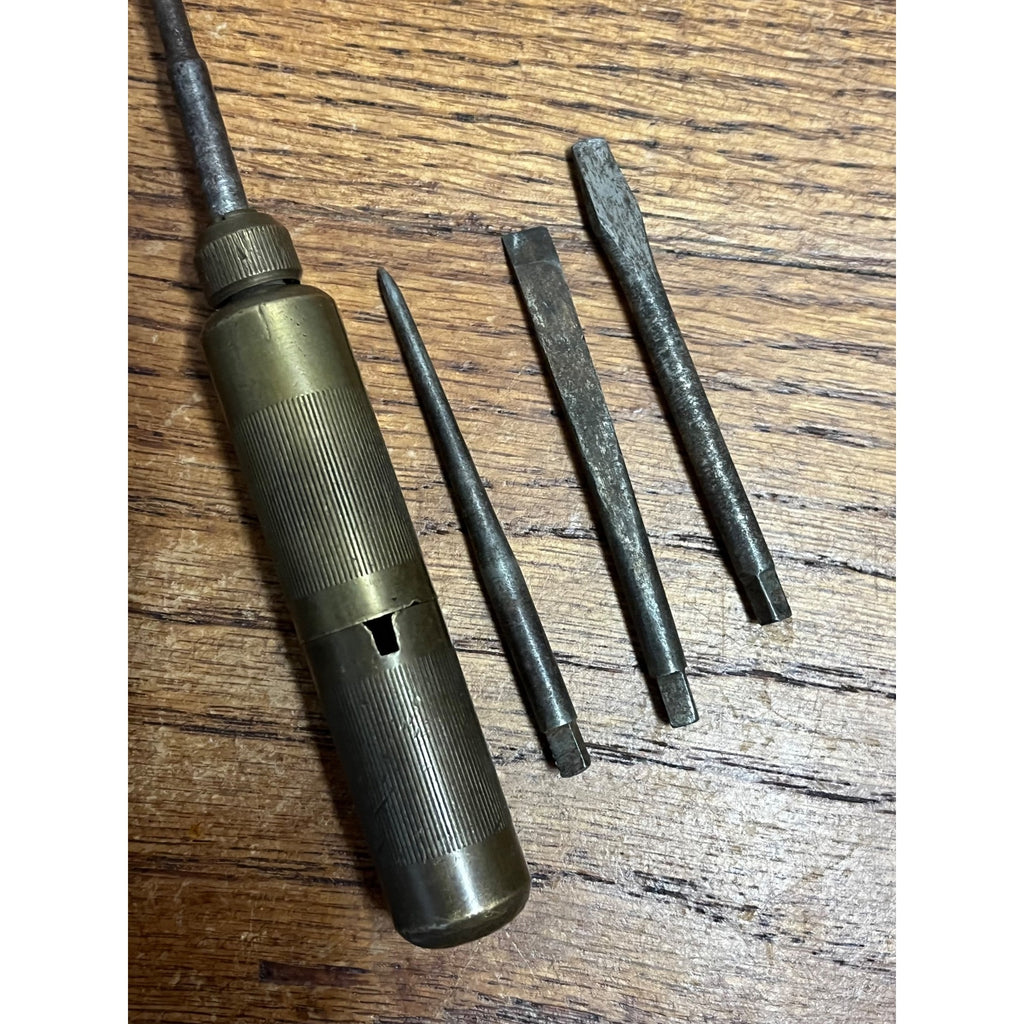 Vintage German D.R.G.M. Brass Screwdriver w/ Hidden Handle Bits Multi-Tool