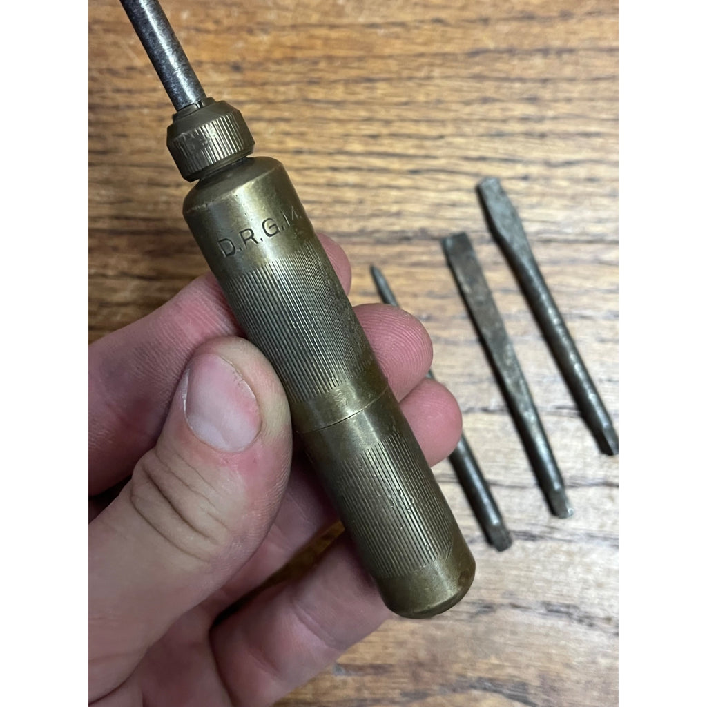 Vintage German D.R.G.M. Brass Screwdriver w/ Hidden Handle Bits Multi-Tool