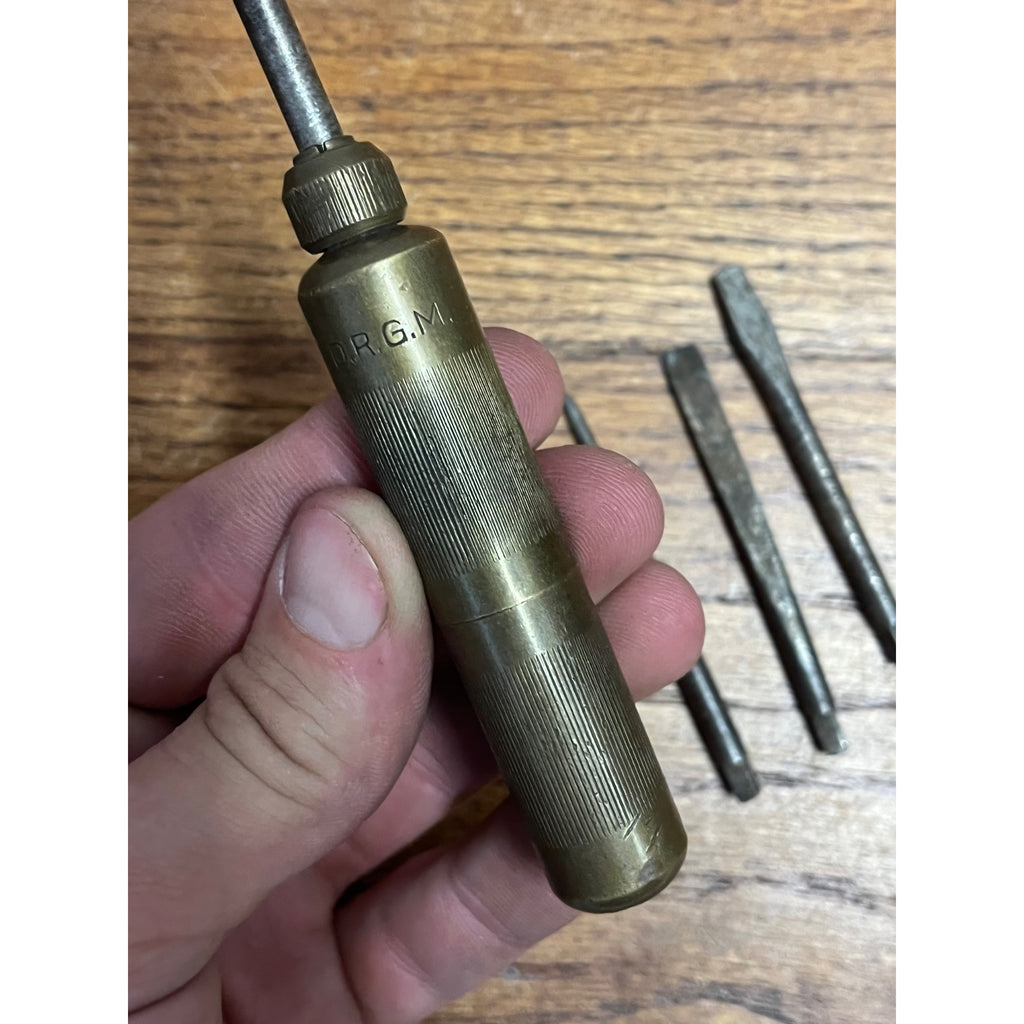 Vintage German D.R.G.M. Brass Screwdriver w/ Hidden Handle Bits Multi-Tool