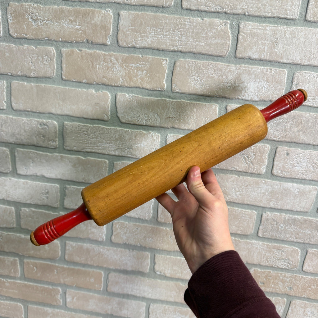 Antique Primitive Red Handle Rolling Pin Kitchen Utensil Tool Farmhouse Decor