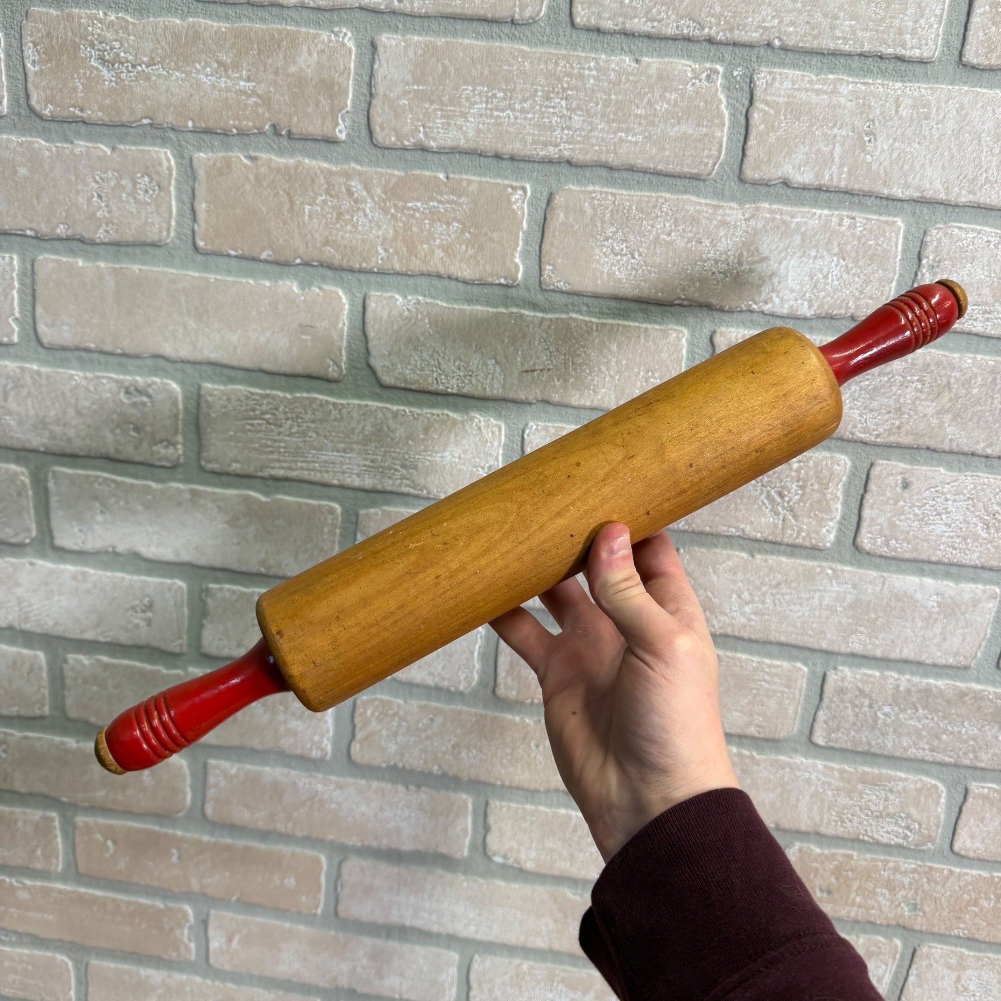 Antique Primitive Red Handle Rolling Pin Kitchen Utensil Tool Farmhouse Decor