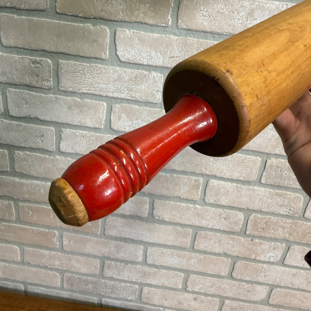Antique Primitive Red Handle Rolling Pin Kitchen Utensil Tool Farmhouse Decor