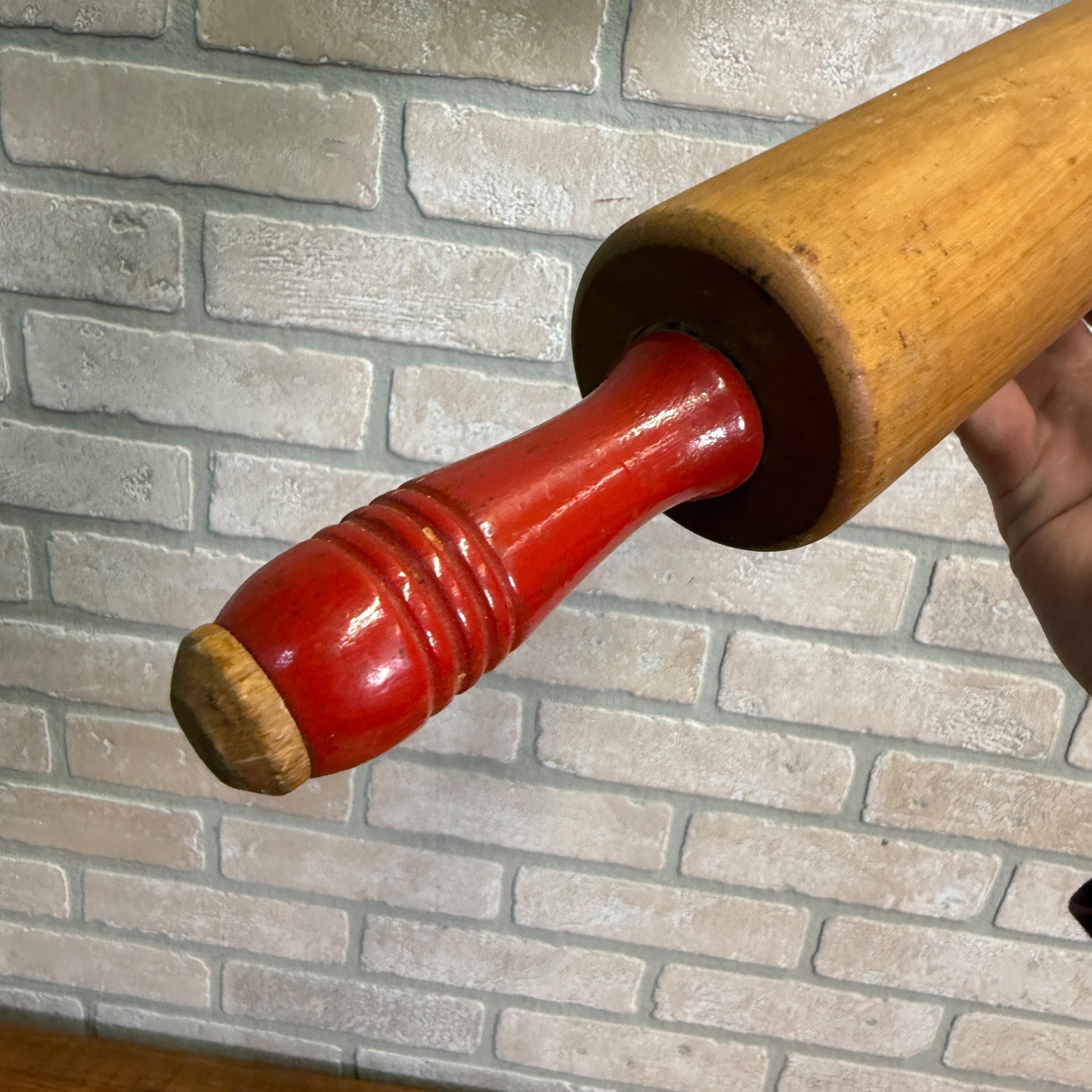 Antique Primitive Red Handle Rolling Pin Kitchen Utensil Tool Farmhouse Decor