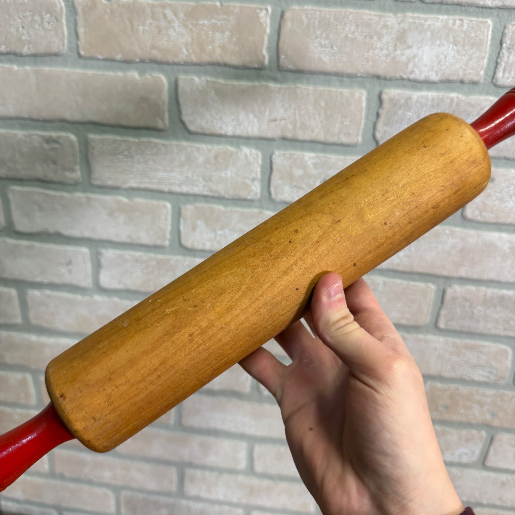 Antique Primitive Red Handle Rolling Pin Kitchen Utensil Tool Farmhouse Decor