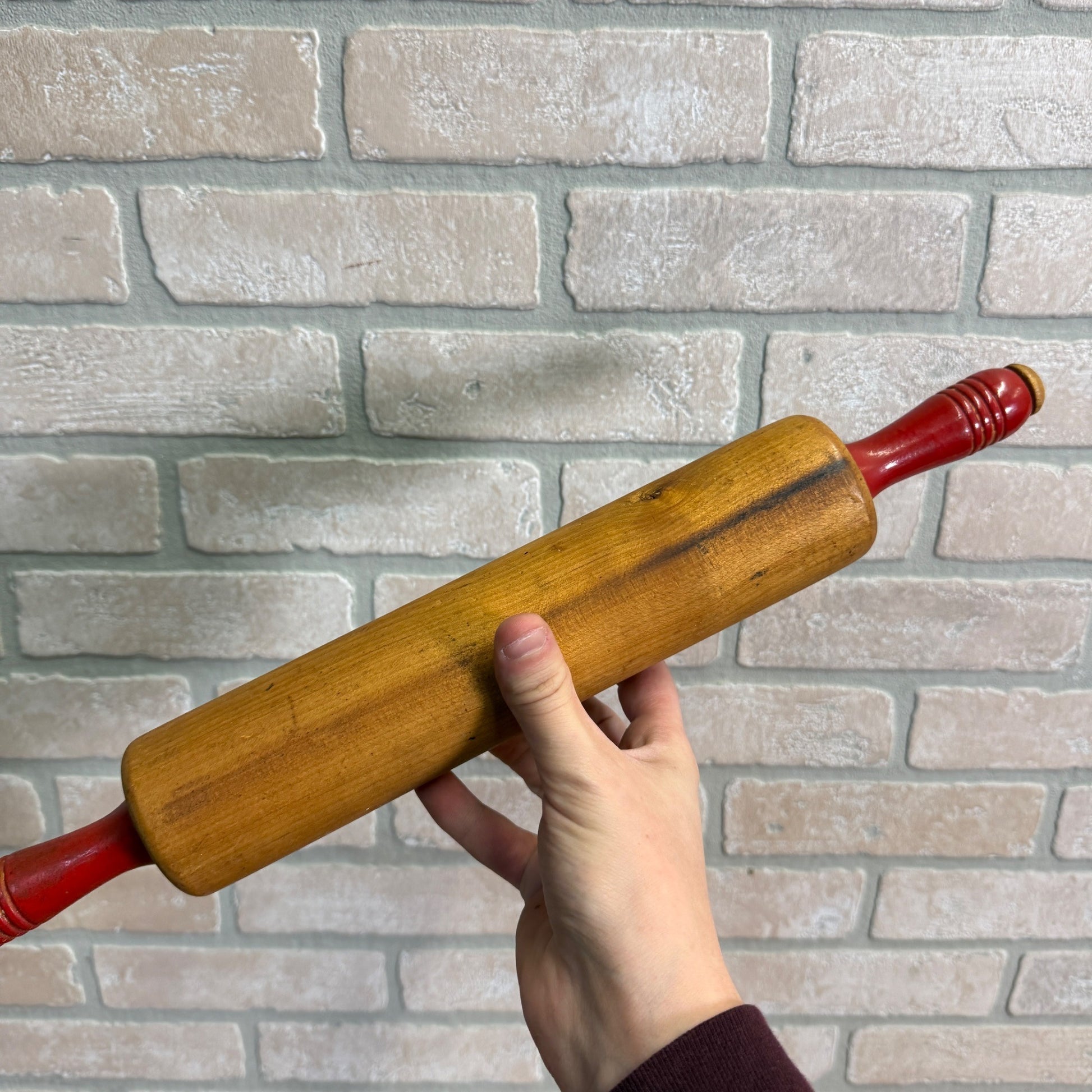 Antique Primitive Red Handle Rolling Pin Kitchen Utensil Tool Farmhouse Decor
