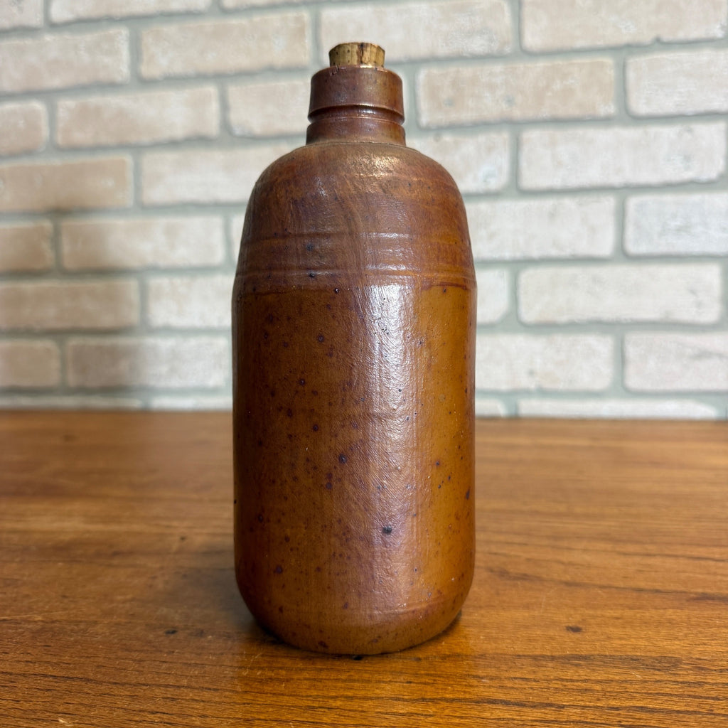 Primitive Stoneware Bottle w/ Cork Stopper Brown  Gray 8-1/2" tall
