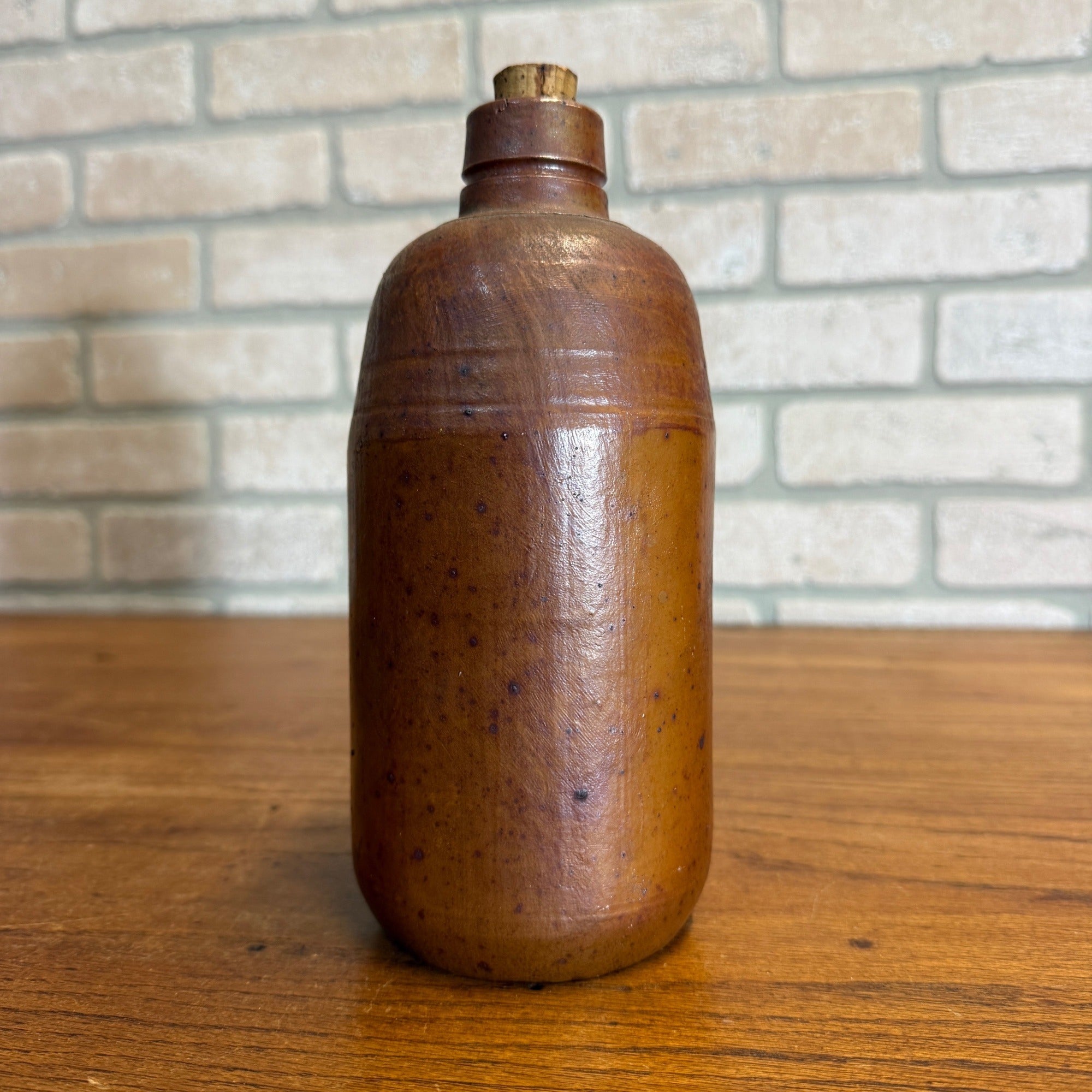 Primitive Stoneware Bottle w/ Cork Stopper Brown  Gray 8-1/2" tall