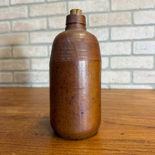 Primitive Stoneware Bottle w/ Cork Stopper Brown  Gray 8-1/2" tall