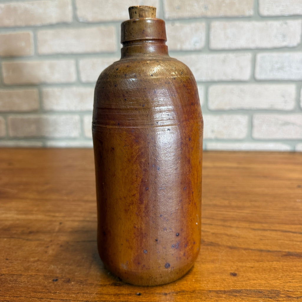 Primitive Stoneware Bottle w/ Cork Stopper Brown  Gray 8-1/2" tall