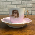 Antique Ceramic Rose Pink Victorian Gold Gilt Tea Cup & Saucer Girl