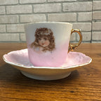 Antique Ceramic Rose Pink Victorian Gold Gilt Tea Cup & Saucer Girl