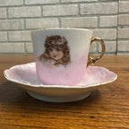 Antique Ceramic Rose Pink Victorian Gold Gilt Tea Cup & Saucer Girl