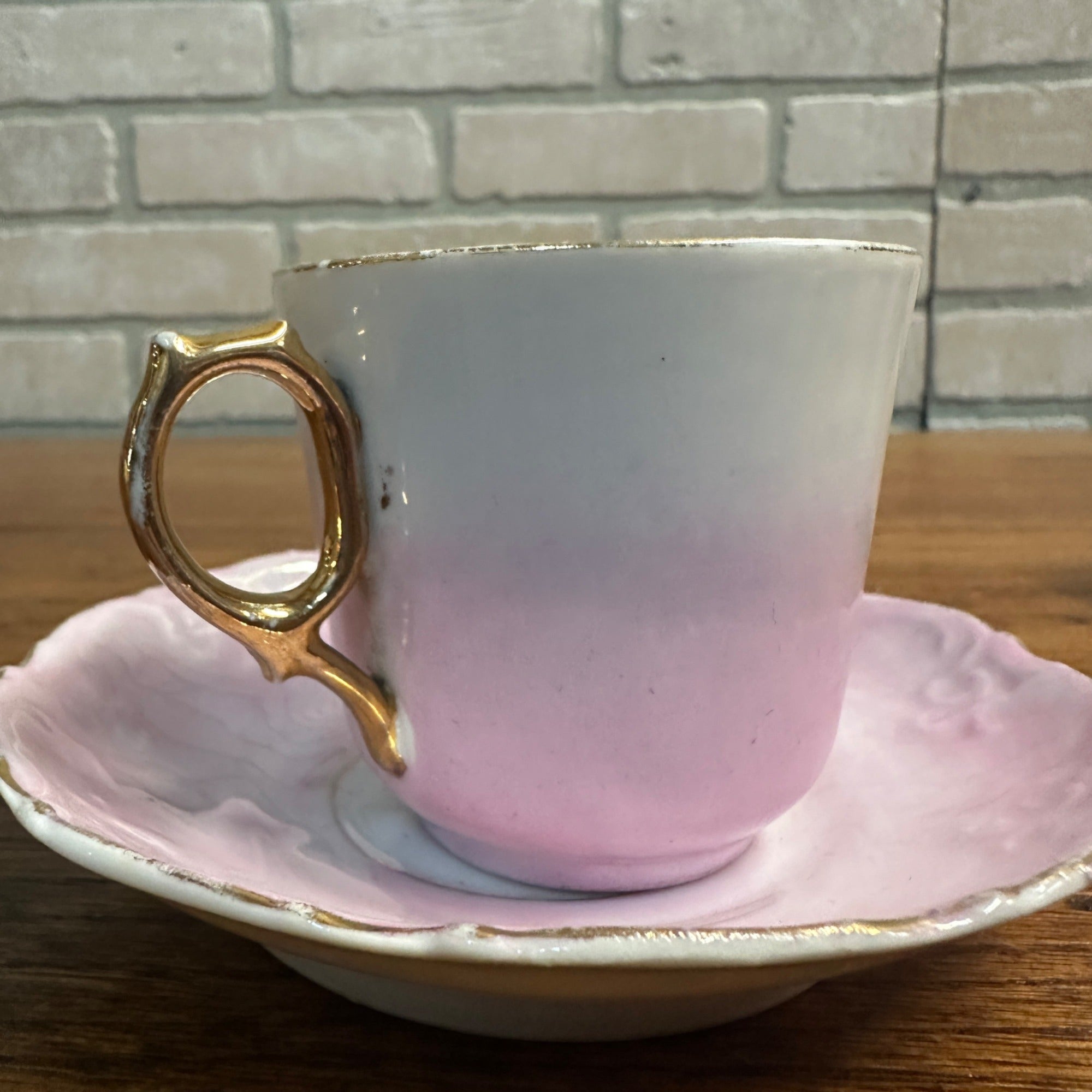 Antique Ceramic Rose Pink Victorian Gold Gilt Tea Cup & Saucer Girl