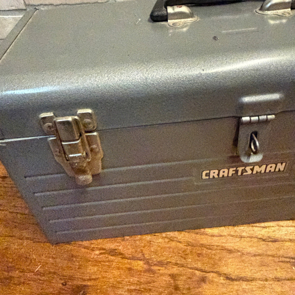 Vintage Sears Craftsman Gray Metal Tool Box Tote Red Tray Great Shape Ribbed