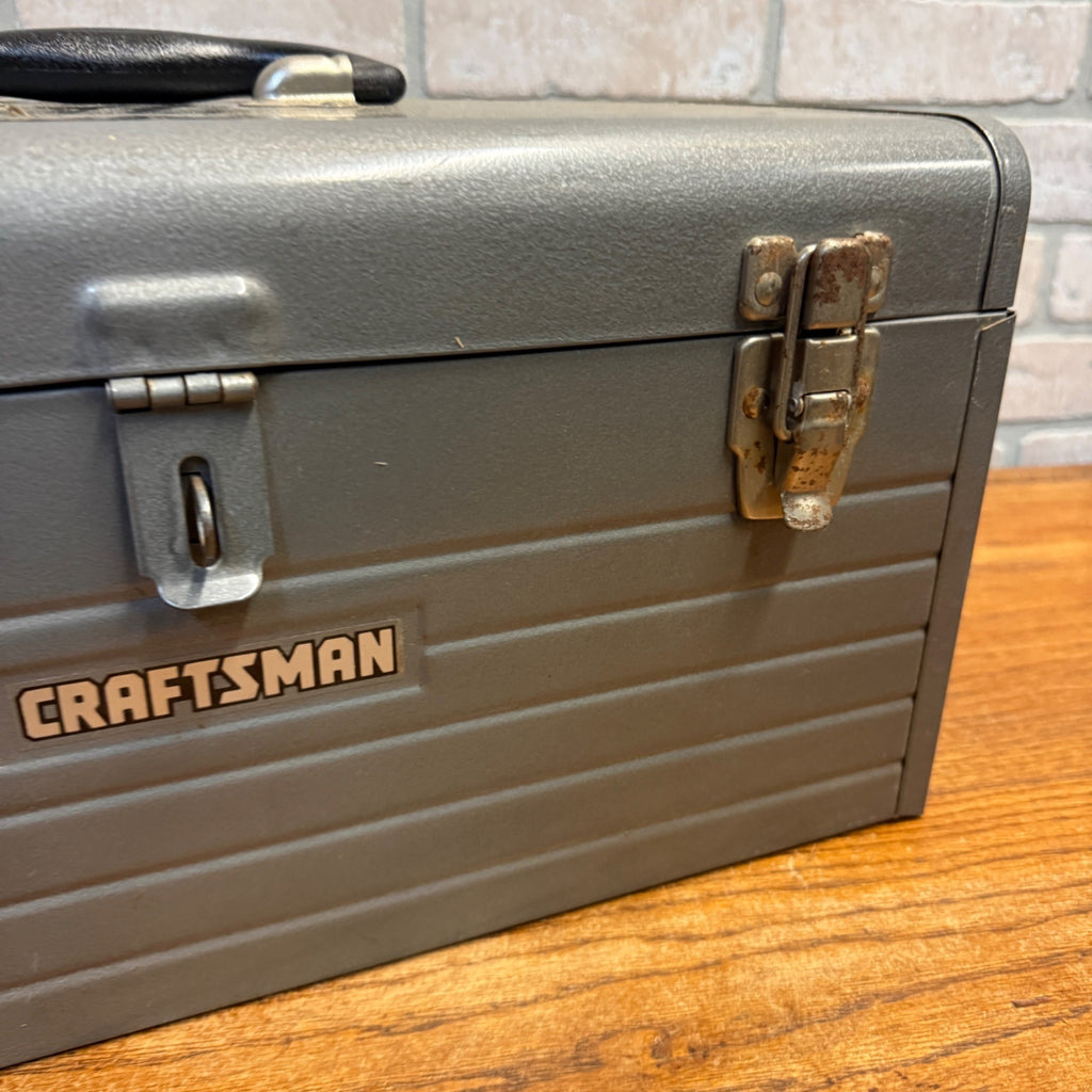 Vintage Sears Craftsman Gray Metal Tool Box Tote Red Tray Great Shape Ribbed