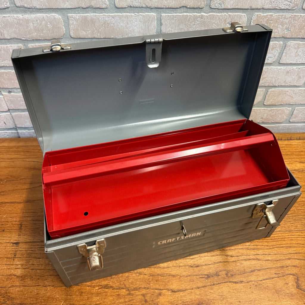 Vintage Sears Craftsman Gray Metal Tool Box Tote Red Tray Great Shape Ribbed