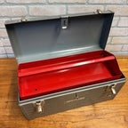 Vintage Sears Craftsman Gray Metal Tool Box Tote Red Tray Great Shape Ribbed