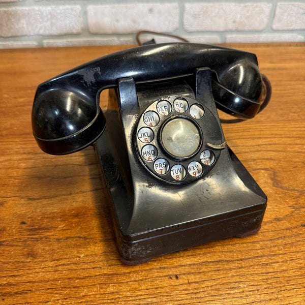 Vintage 1950s Western Bell System Black Rotary Phone W/ Cloth Cord Handset