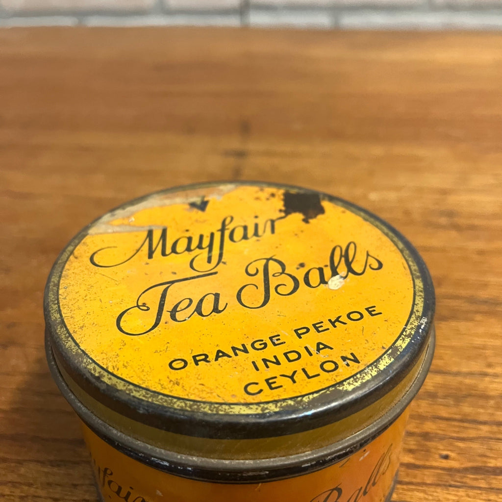 Vintage 1930s Mayfair Tea Balls Orange Pekoe India Tin Can Advertising Kitchen