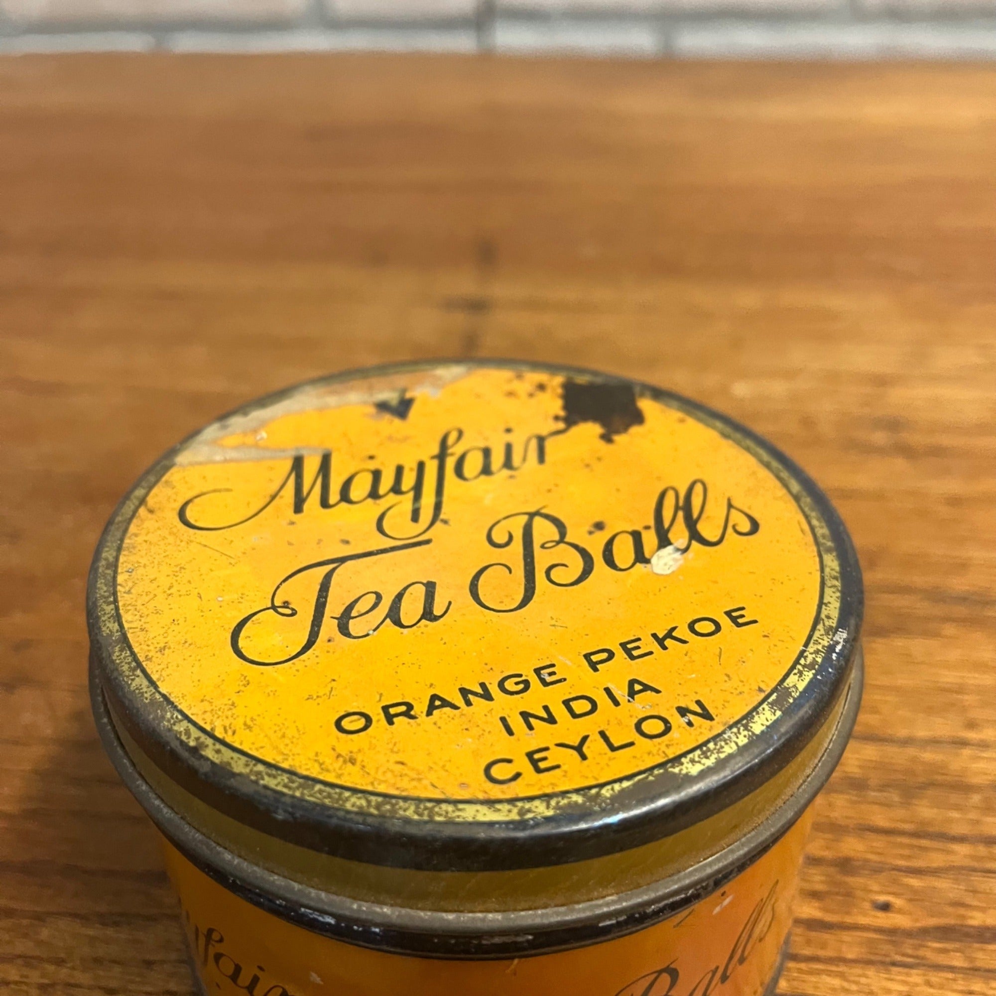 Vintage 1930s Mayfair Tea Balls Orange Pekoe India Tin Can Advertising Kitchen