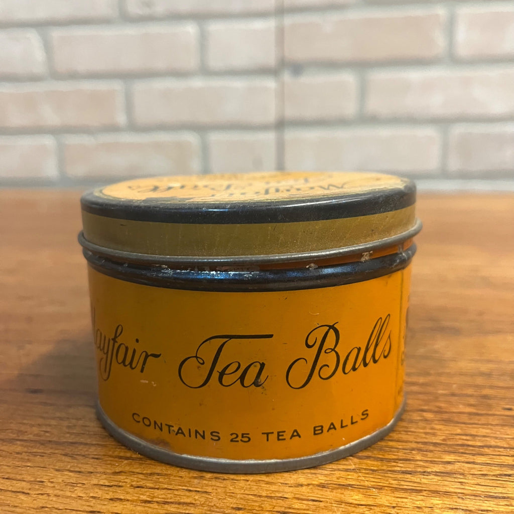 Vintage 1930s Mayfair Tea Balls Orange Pekoe India Tin Can Advertising Kitchen