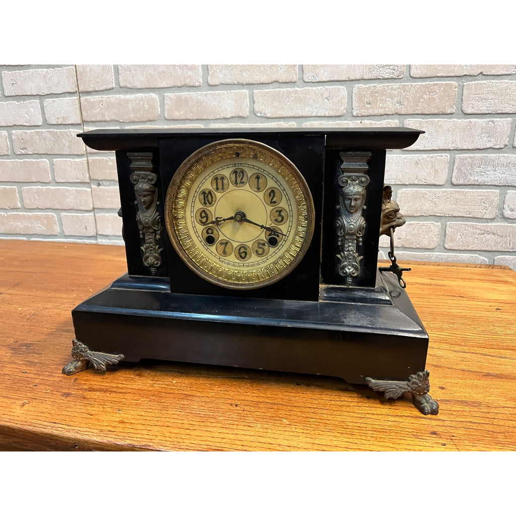 Antique c1890s New Haven Cast Iron Mantel Clock w/ Lions & Ladies - Part/Repair