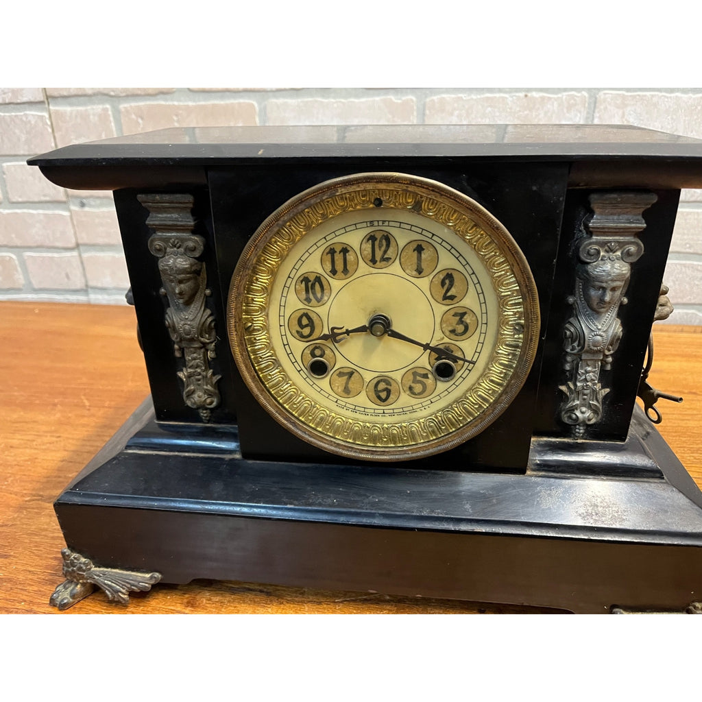 Antique c1890s New Haven Cast Iron Mantel Clock w/ Lions & Ladies - Part/Repair