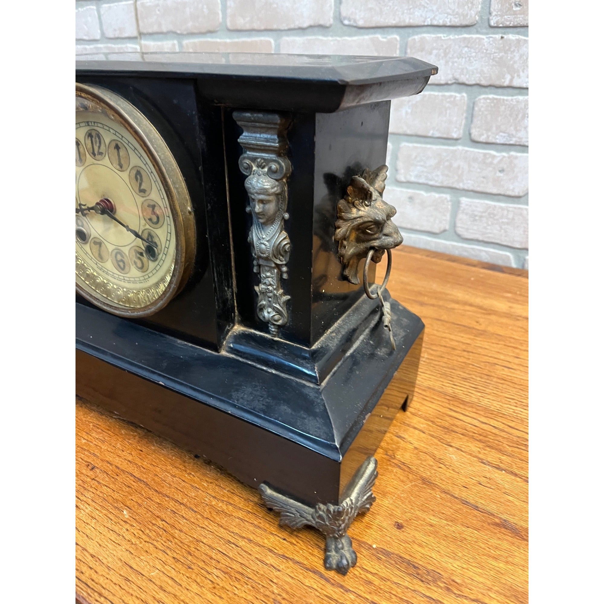 Antique c1890s New Haven Cast Iron Mantel Clock w/ Lions & Ladies - Part/Repair