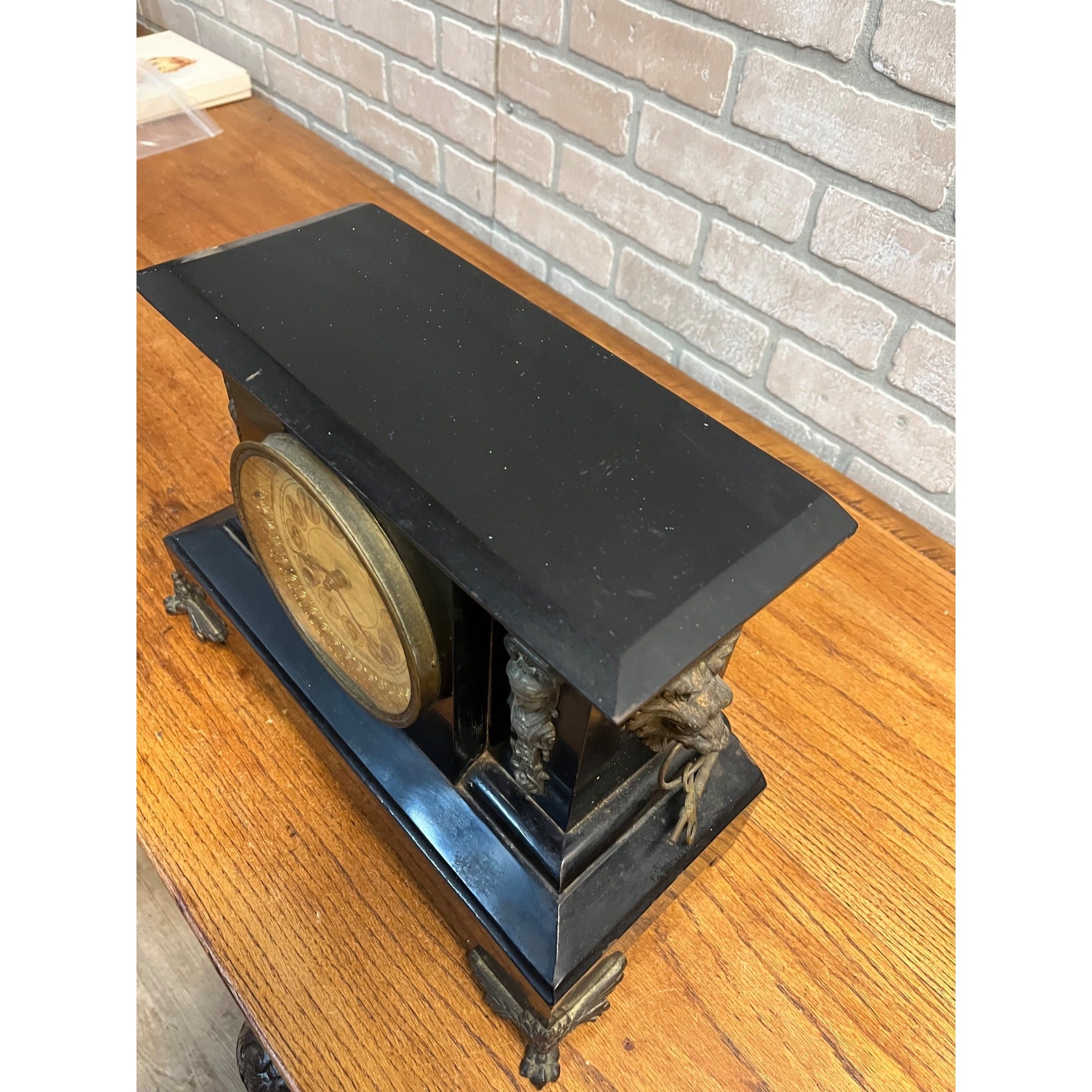 Antique c1890s New Haven Cast Iron Mantel Clock w/ Lions & Ladies - Part/Repair