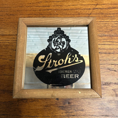 Vintage Stroh&#39;s Beer Mirror Bar Sign Small 7.25&quot;x7.25&quot; Wood Frame