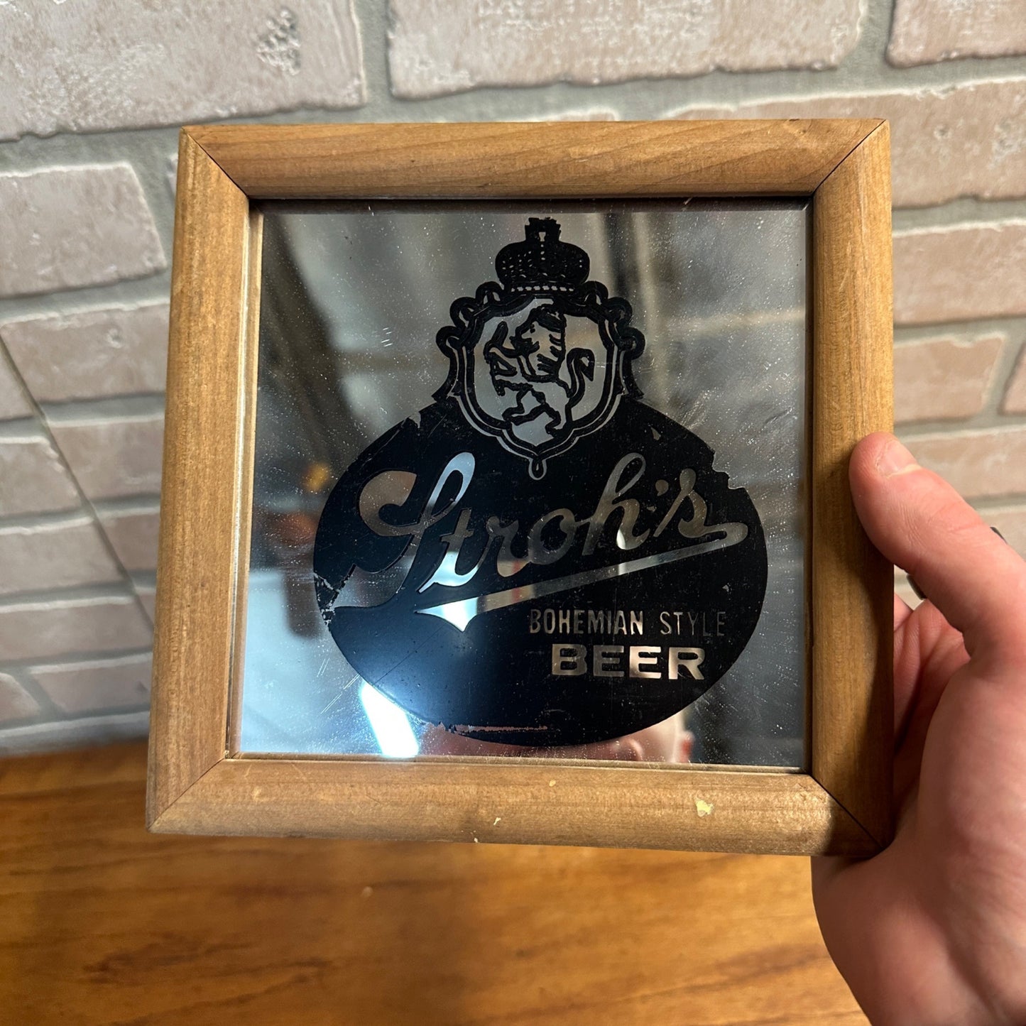 Vintage Stroh&#39;s Beer Mirror Bar Sign Small 7.25&quot;x7.25&quot; Wood Frame