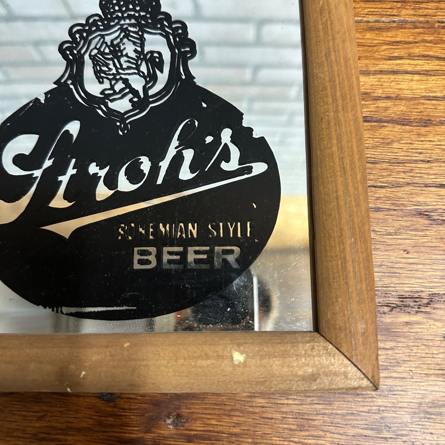 Vintage Stroh&#39;s Beer Mirror Bar Sign Small 7.25&quot;x7.25&quot; Wood Frame