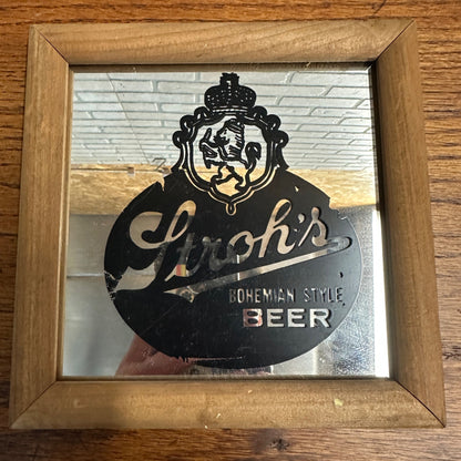 Vintage Stroh&#39;s Beer Mirror Bar Sign Small 7.25&quot;x7.25&quot; Wood Frame