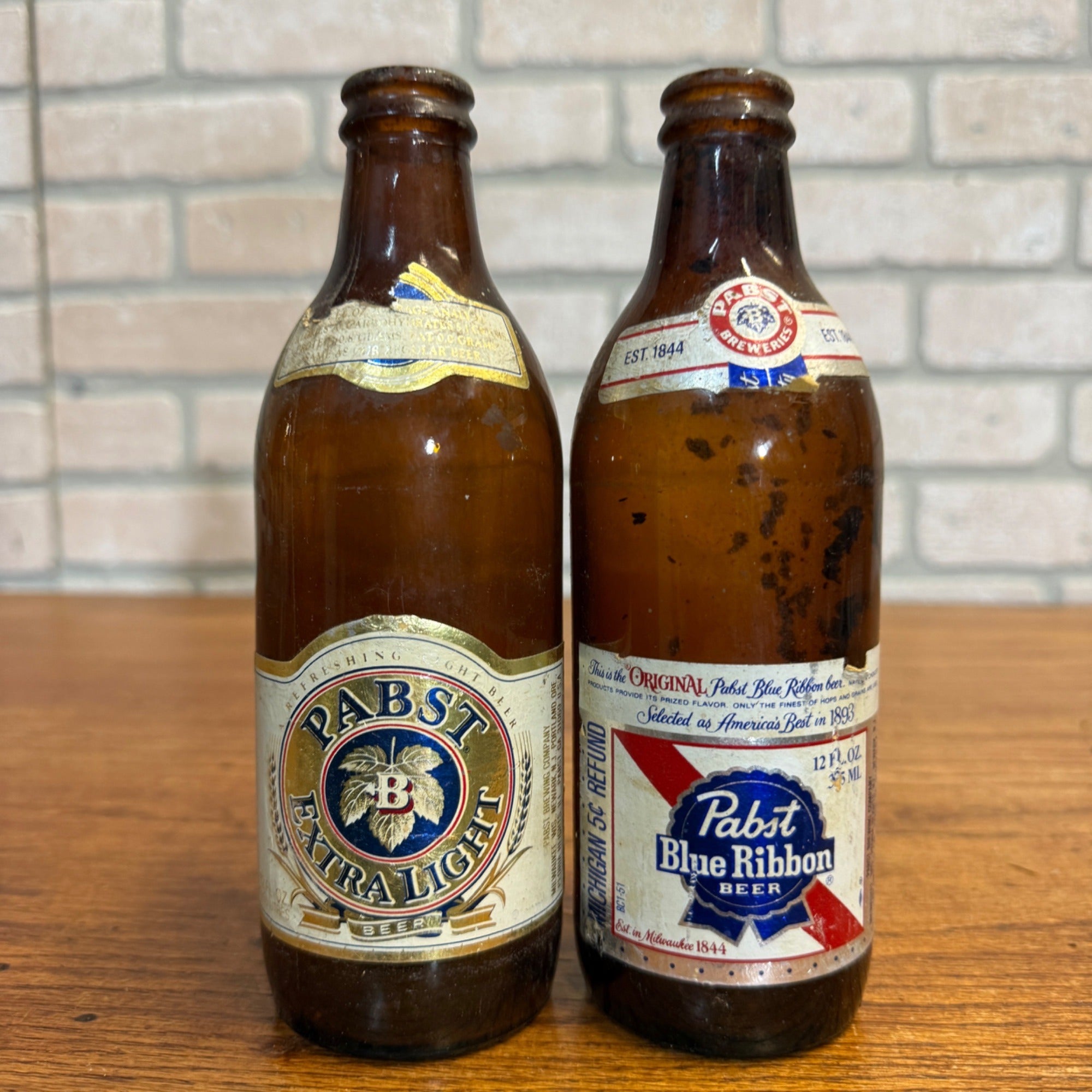 Vintage 1970s Pabst Blue Ribbon & Extra Light Beer Bottles (2) 12oz Michigan