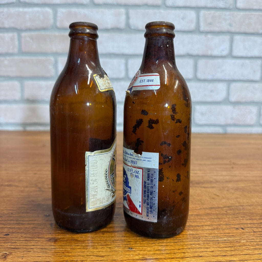 Vintage 1970s Pabst Blue Ribbon & Extra Light Beer Bottles (2) 12oz Michigan
