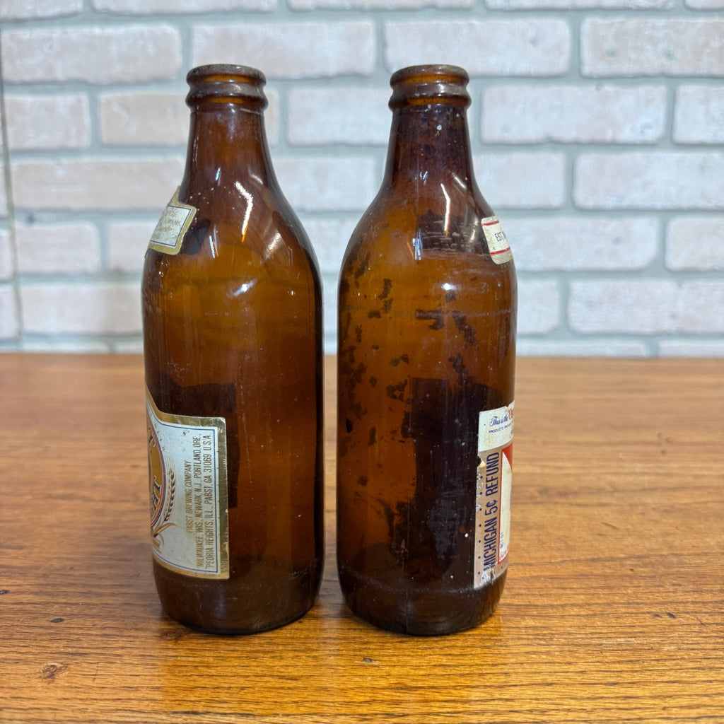 Vintage 1970s Pabst Blue Ribbon & Extra Light Beer Bottles (2) 12oz Michigan