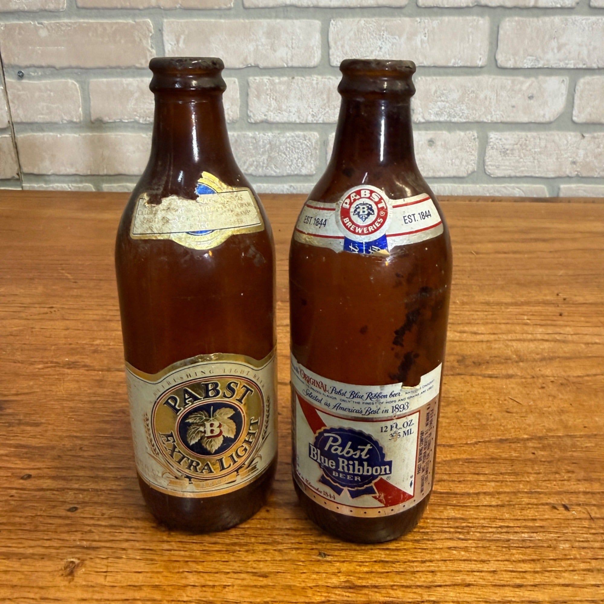 Vintage 1970s Pabst Blue Ribbon & Extra Light Beer Bottles (2) 12oz Michigan