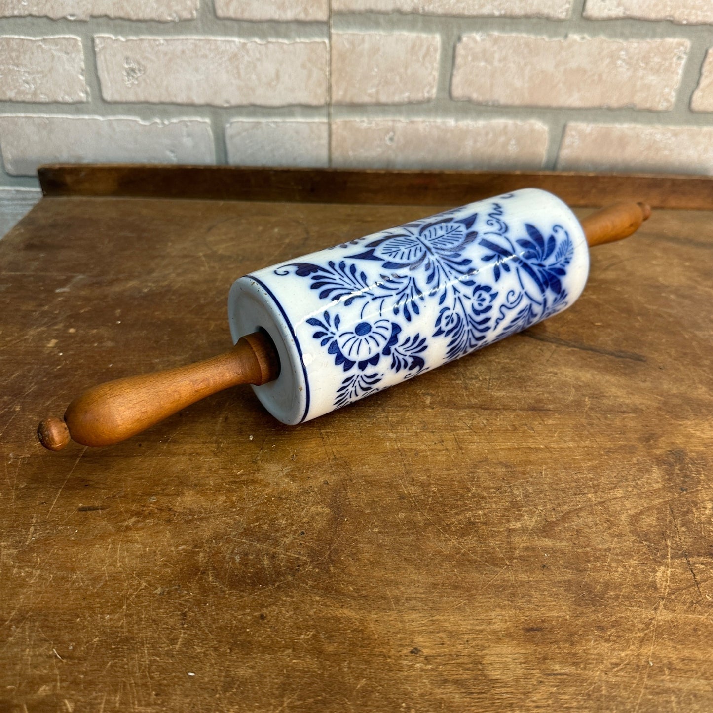 Antique 1900s Primitive Germany Cobalt Porcleain Rolling Pin Blue Onion GMT & Bro