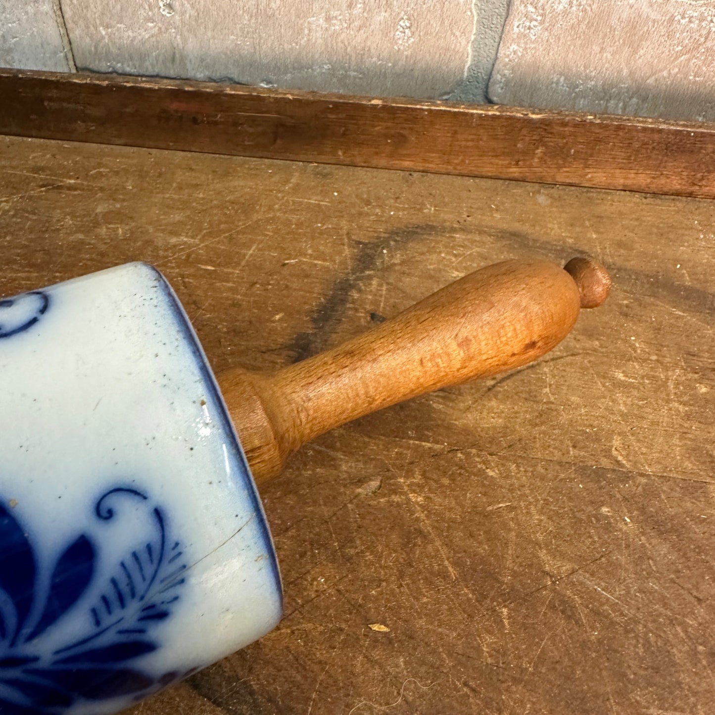 Antique 1900s Primitive Germany Cobalt Porcleain Rolling Pin Blue Onion GMT & Bro