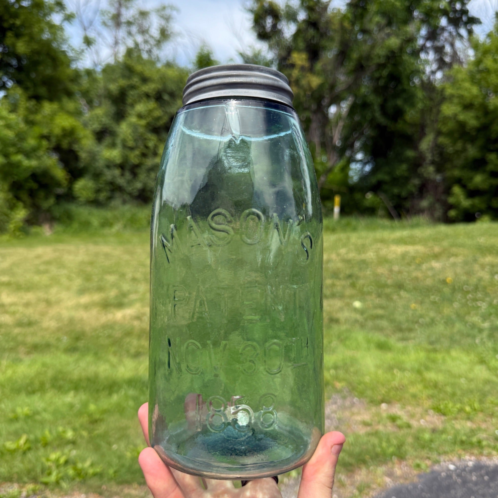 Vintage Mason Jar Patent Nov. 30th 1858 C Half Gallon Aqua Green