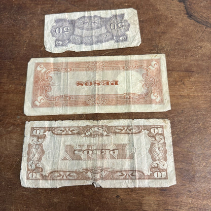 (3) THE JAPANESE GOVERNMENT FIFTY (50) CENTAVOS PAPER MONEY WWII 5 10 Pesos